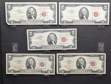 Lot of 5 Various 1963 Series $2.00 RED SEAL Banknotes