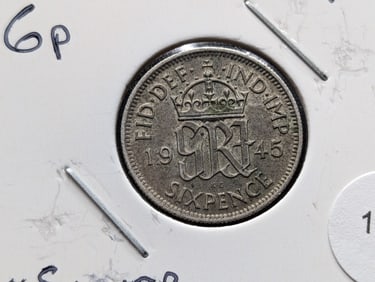 1945 Britain Six Pence Silver Uncirculated Coin 50%