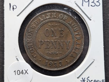 1933 Australia One Penny Coin - Scarce
