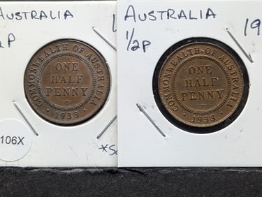 (2 Coins) 1933 & 1938 Australia 1/2 Penny Coins - 1938 Scarce