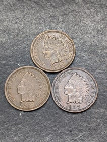 Lot of Three **AU** Indian Head Cents 1906 & Two 1907