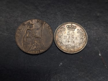 1915 Serbia 50 Silver Para & 1918 Great Britain Farthing