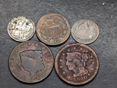 Grab Bag of Various Vintage U.S. Coins 1868 Three Cent Nickel, 1862 Two Cent, 1882 S.L. Dime, 1825 &