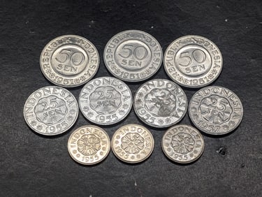 (10 Coins) Three 1961 Indonesian 50 Sen, Three 1955 50 Sen, Three 1955 25 Sen, & One 1957 25 Sen