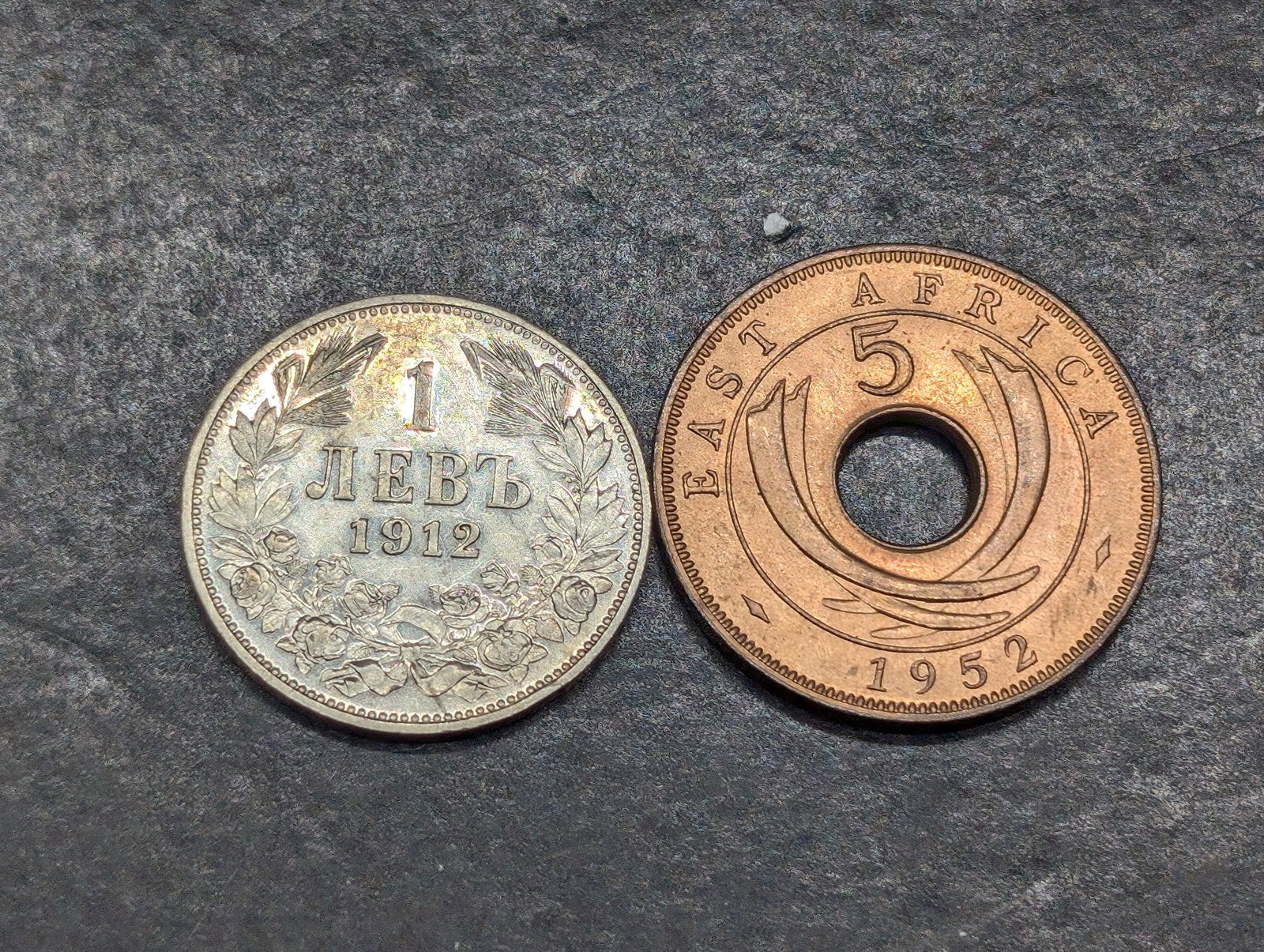 1912 Bulgaria 1 Silver Lev & 1952 East Africa 5 Cents: 1912 Bulgaria 1 Silver Lev & 1952 East Africa 5 Cents