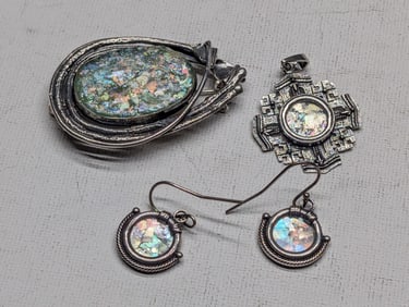 Ancient Roman Glass SOLID SILVER Jewelry Set - Earrings, Pendant & Brooch - VERY PRETTY!!