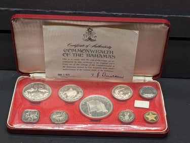 1975 Bahamas Proof Set, 92.5% Silver 42.12 Gr., Two Dollar 9.25% 29.8 Gr., One Dollar 80% 18.14 Gr.,