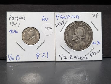 Panama: 1947 One-tenth Balboa and 1934 One-half Balboa. Both 90% silver.