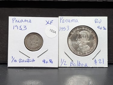 Panama: 1953 One-tenth Balboa and 1953 One-half Balboa. Both 90% silver. Half Balboa has great