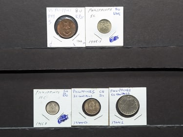 US/Philippines WWII coin set: 44-S Centavo, 45-S 5 Centavos, 45-D 10 Centavos, 44-D 20 Centavos, and