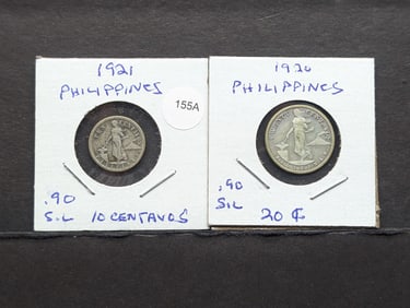 1921 Philippines 10 Centavos and 1920 Philippines 20 Centavos. Both 90 percent silver.