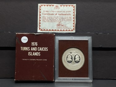 1976 Turks And Caicos Silver Proof Twenty Crowns Proof Coin 92.5% Silver 38.7 Grams
