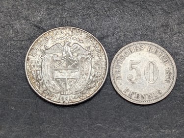 1961 Panama 1/4 Silver Balboa & 1875-D Germany 50 Silver Pfennig