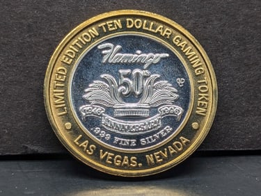 Limited Edition .999 FINE SILVER Center Flamingo Hilton Casino $10 Gaming Token in Capsule