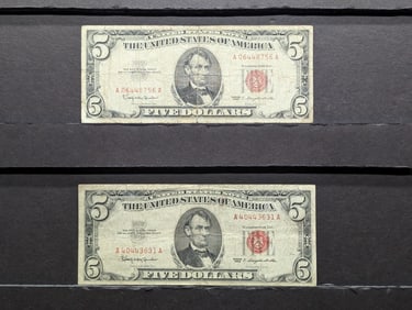 Lot of Two 1963 $5.00 RED SEAL Banknotes