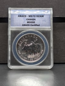 2012 Canada $5, Moose. Slabbed by ANACS, respected grader, as perfect MS 70, Deep Cameo.