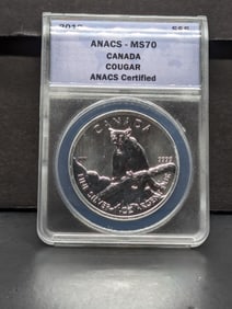 2012 Canada $5, Cougar. Slabbed by ANACS, respected grader, as perfect MS 70, Deep Cameo.