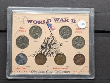 World War II coin set. Four wartime silver nickels and four cents, 1943-46.
