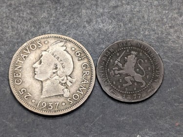 1877 Netherlands 1 Cent (KM-107.1) & 1937 Dominican Republic 25 Silver Centavos