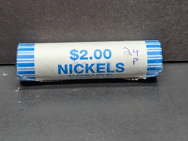 Bank wrapped roll of 2024 Philadelphia Mint Jefferson Nickels. GEM BU. Very scarce.