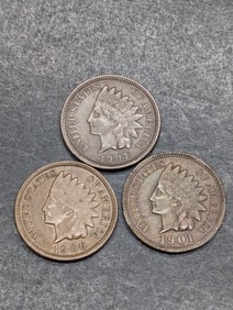 Lot of Three **AU** Indian Head Cents, 1901, 1906, 1907