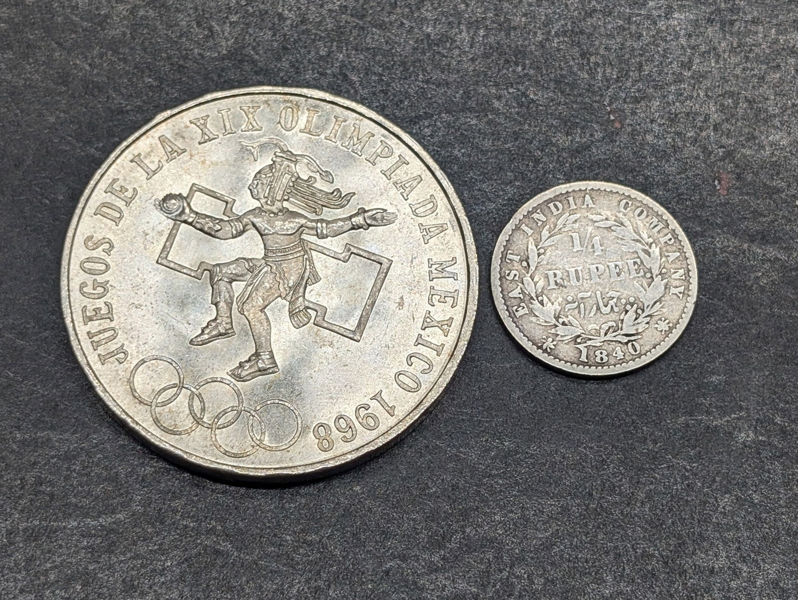 1840 East India Company 1/4 Silver Rupee & 1968 Mexico 25 Silver Pesos 72% Silver (1 of 2)