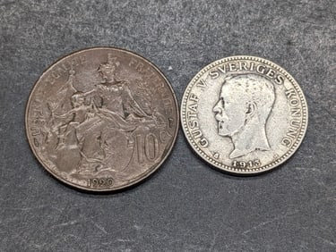 1920 France 10 Centimes & 1913-W Sweden 1 Silver Krona (KM-786.1)