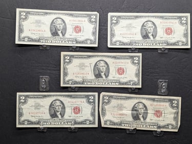 Lot of 5 1963 Series $2.00 RED SEAL Banknotes
