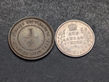 1916 Straits Settlements 1/4 Cent & 1903 India-British 2 Silver Annas *RARE*
