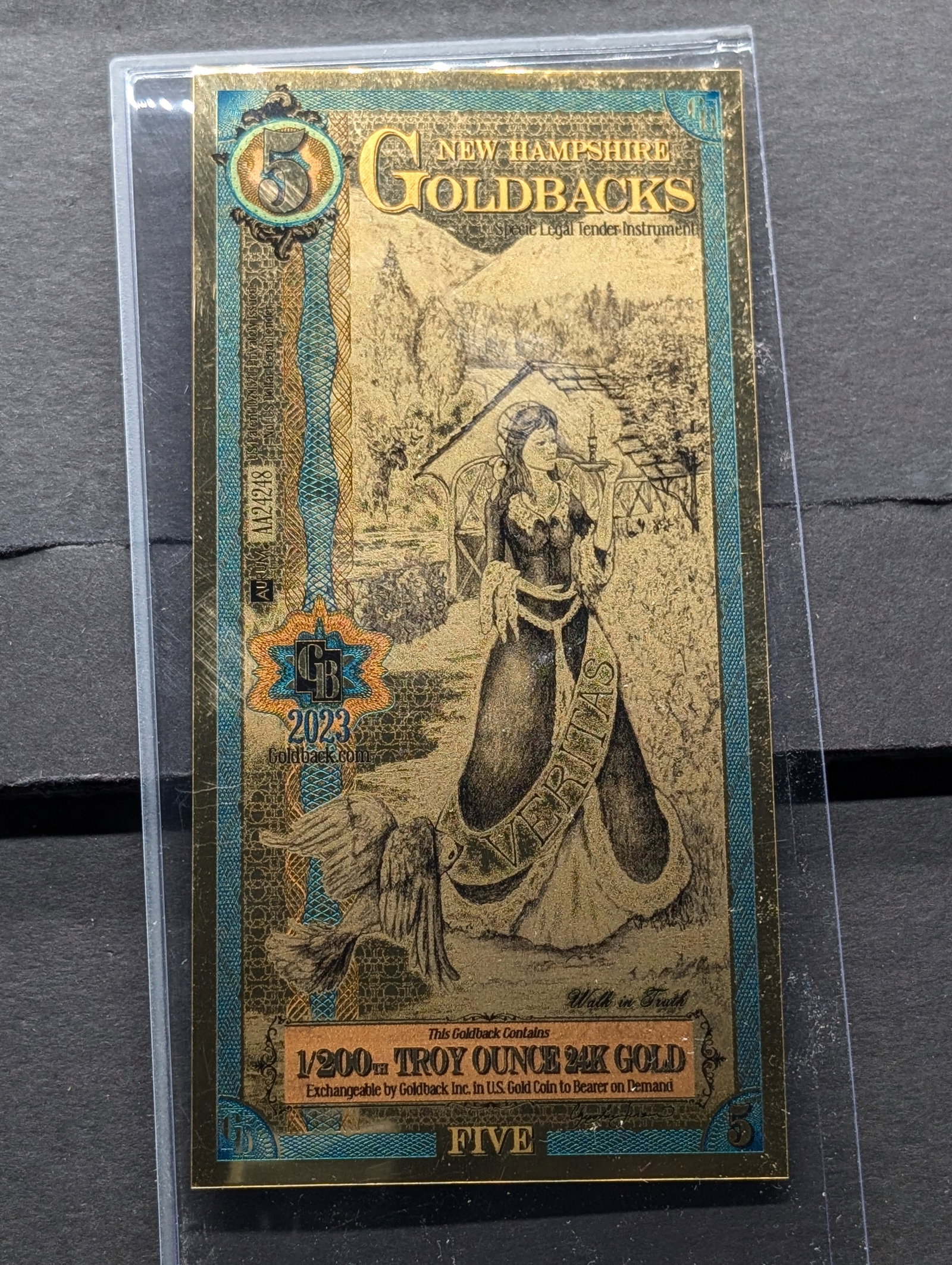 1/200th Troy Oz. 24k PURE GOLD 2023 $5.00 New Hampshire Goldback: 1/200th Troy Oz. 24k PURE GOLD 2023 $5.00 New Hampshire Goldback