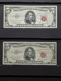 Lot of Two 1963 $5.00 RED SEAL Banknotes