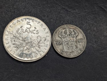 1960 France 5 Silver Francs & 1929-G Sweden 50 Silver Ore