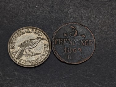 1862-HK Rostock German States 3 Pfennig (KM-141) & 1939 New Zealand 6 Silver Pence