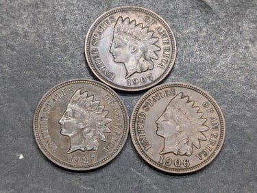 Lot of Three **AU** Indian Head Cents, 1906 & Two 1907