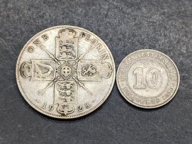 1923 United Kingdom 1 Silver Florin & 1910 Straits Settlements 10 Silver Cents
