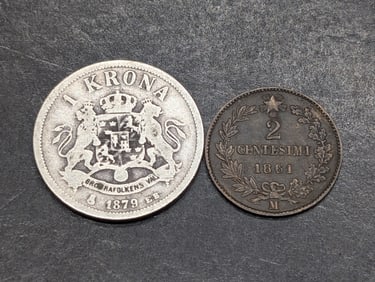 1879-EB Sweden 1 Silver Krona (KM-747) & 1861-M Italy 2 Centesimi