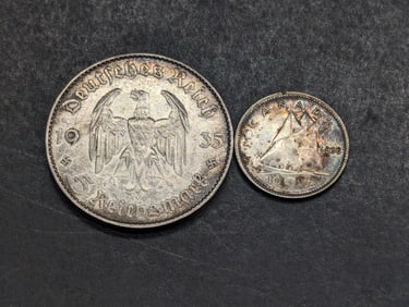 1938 Canada 10 Silver Cents & 1935-F Germany 5 Silver Reichsmark