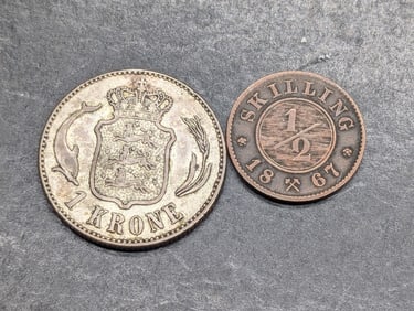 1867 Norway 1/2 Skilling (KM-329) & 1916-VBP Denmark 1 Silver Krone