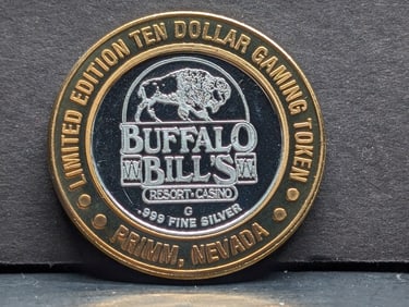 Limited Edition .999 FINE SILVER Center Buffalo Bill's Casino $10 Gaming Token in Capsule