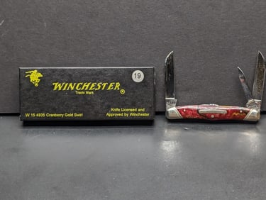 Winchester W 15 4935 91 Cranberry Gold Swirl 3 Bladed Pocket Knife Made In USA By Bluegrass Cutlery