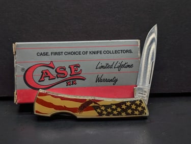 Case XX Vintage 1988 Lock back Pocket Knife 1059 LSSP Flag with Eagle in original Box unused with