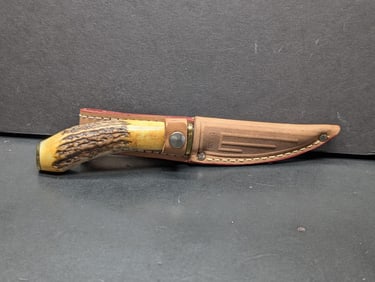 CASE XX USA SS 5 Finn SSP Fixed Blade Knife, Stag Handle, with original leather sheath