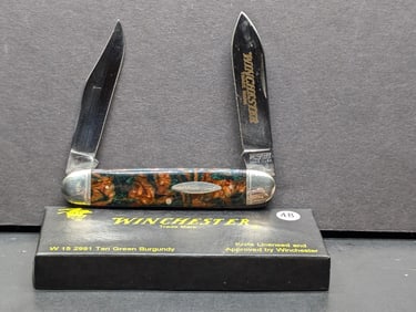 Winchester W 15 2991 Tan Green Burgundy VINTAGE Two Bladed Pocket Knife W/ Box - 1988