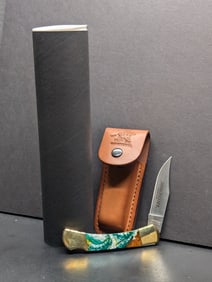 WINCHESTER 5" FOLDING KNIFE WN-LB220ER 440 STAINLESS STEEL BLADE WITH BEAUTIFUL EMBOSSED LEATHER