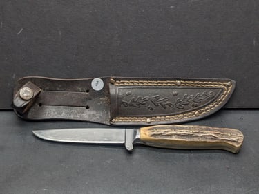 Vintage Rostfrei Solingen Germany Stag Handle Hunting Knife with Decorative Leather Sheath (1960?)