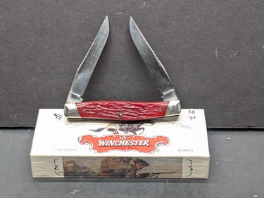 1995 Winchester W15 2977 Muskrat Pocket Knife 2 blades, Red Bone Handle 30-30 Cartridge Series NIB