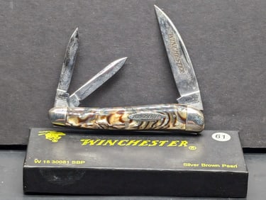 1995 Winchester Knife W15 30081, 3 BLADES Silver Brown Pearl W/ BOX