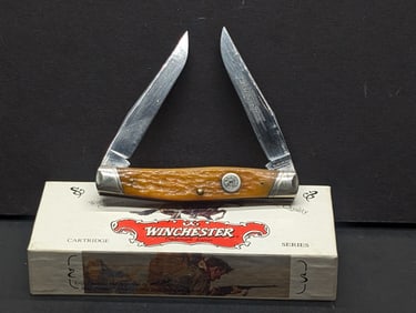 1995 Winchester Cartridge Series W15 2977 3-7/8" MUSKRAT KNIFE Green Bone Handle 30-30 Vintage NIB