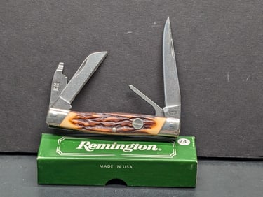 Remington 12-20 Gauge R2 Waterfowl USA 4 Blade Pocket Knife Stag Handle W/ Choke NIB Vintage Made in
