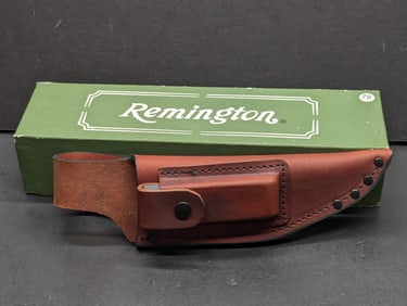 Remington Leather Knife Sheath w/ Sharpening Stone and Box, Fits Remington R6 Skinner or Similar